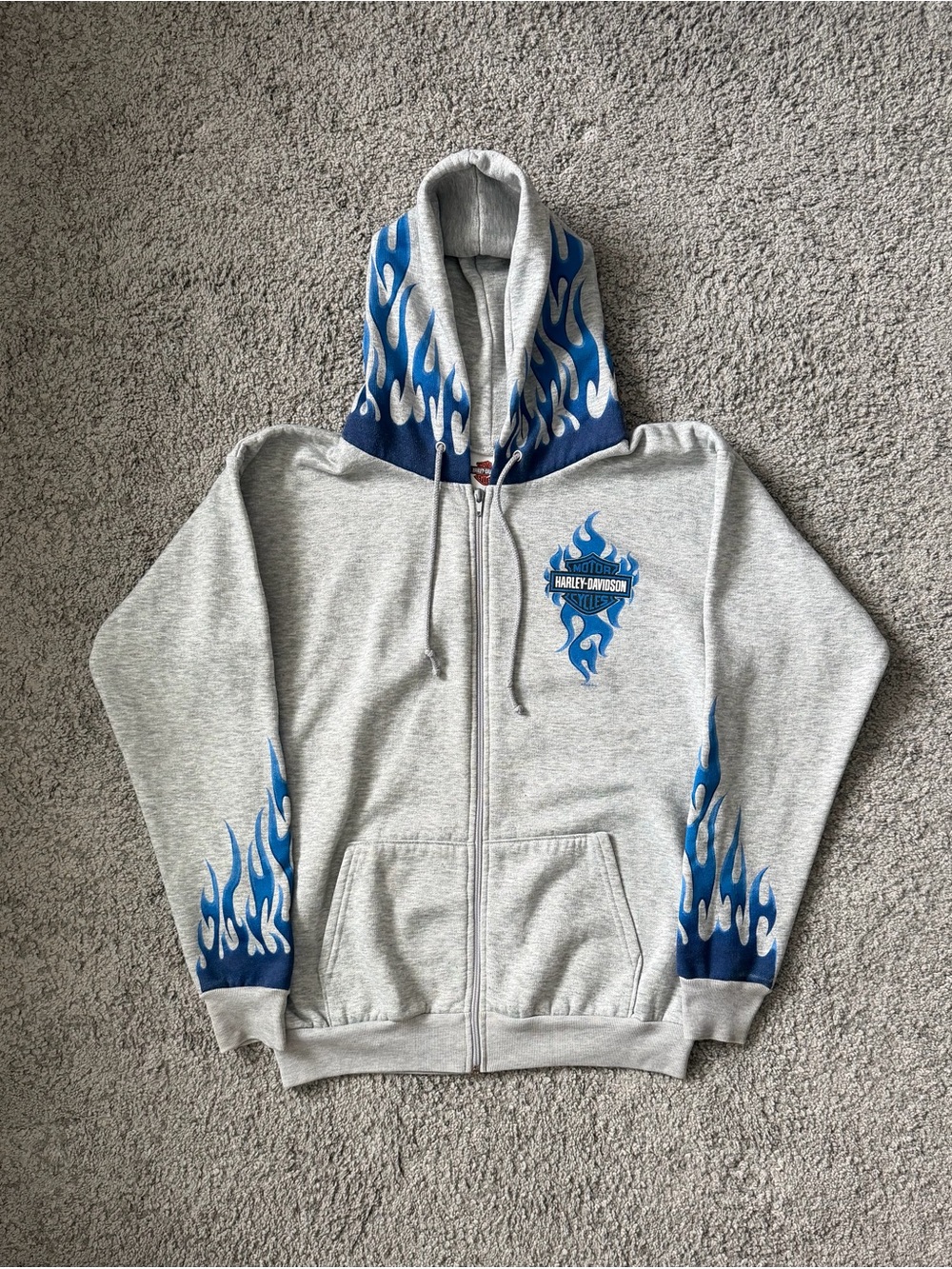Vintage Harley Davidson Blue Flames Sleeves Lightning Hoodie